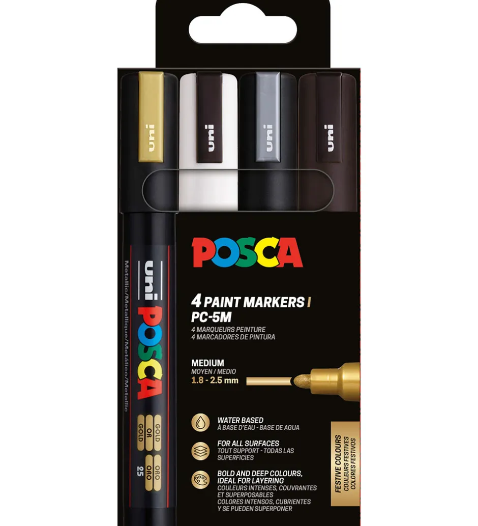 Tuscher - PC-5M - 4 stk. - Sort/Hvid/Sølv/Guld>Posca Clearance